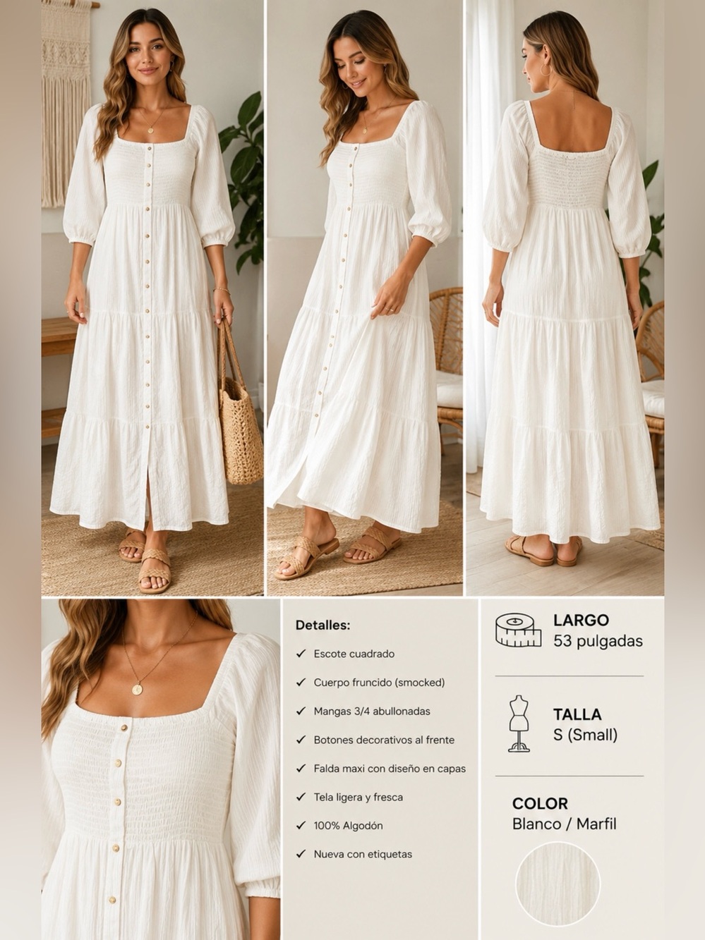 Billabong White Cotton Tiered Maxi Dress Size S Smocked Button Front NWT